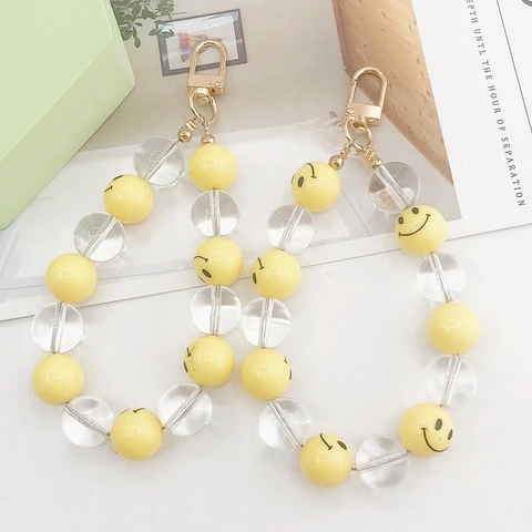 Acryl Smiley Gesicht Perlen Schlüsselanhänger Handy Anhänger Gelb Transparente Harzperlen Accessoire Für Damen Tasche