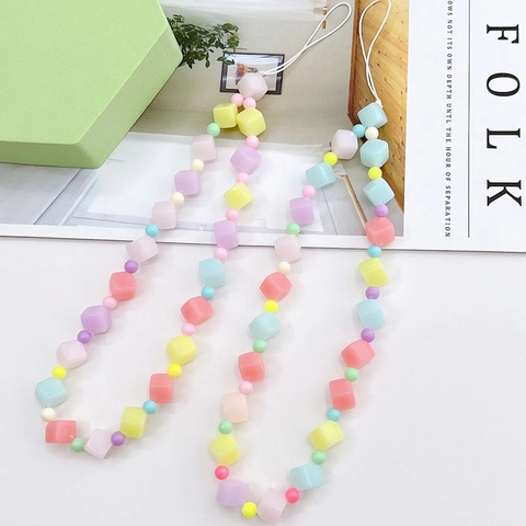 Macaron Candy Color Plastic Cube Beaded Phone Lanyard Anti-Drop Wrist Strap Phone Case Chain For Women Fashion Accessories