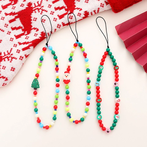 Handmade Christmas Beaded Phone Chain Festive Santa Claus Christmas Tree Polymer Clay Beads Lanyard For Women Decoration