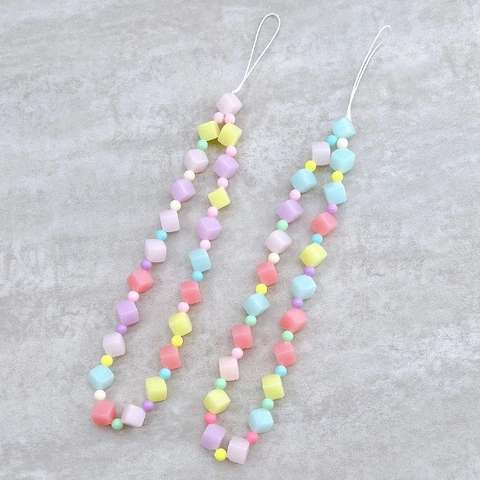 Macaron Candy Color Plastic Cube Beaded Phone Lanyard Anti-Drop Wrist Strap Phone Case Chain For Women Fashion Accessories