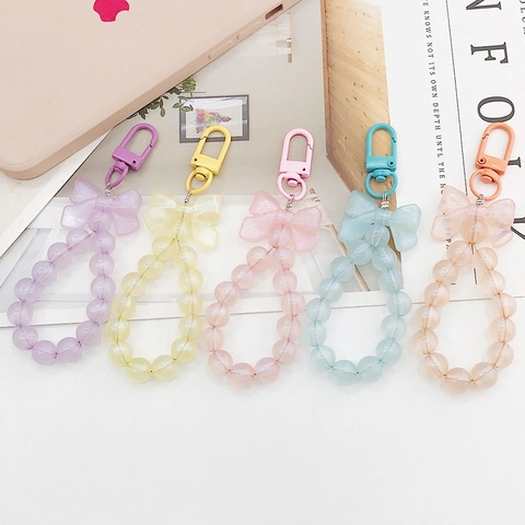 Sweet Plastic Resin Bowknot Beaded Keychain Bag Charm Iridescent Mermaid Beads Phone Case Decoration Pendant For Women Girls Gift