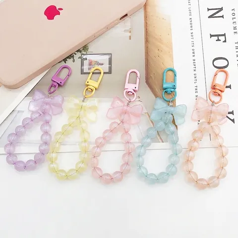 Sweet Plastic Resin Bowknot Beaded Keychain Bag Charm Iridescent Mermaid Beads Phone Case Decoration Pendant For Women Girls Gift