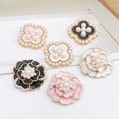 Elegant Alloy Camellia Flower And Four-Leaf Clover DIY Charms With Artificial Pearl Enamel For Phone Case Shoe Jewelry Making