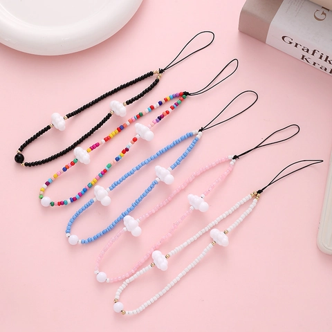 Handmade Beaded Phone Chain Sweet White Cloud Plastic Bead Wrist Strap Lanyard For Women Fresh Phone Case Accessories