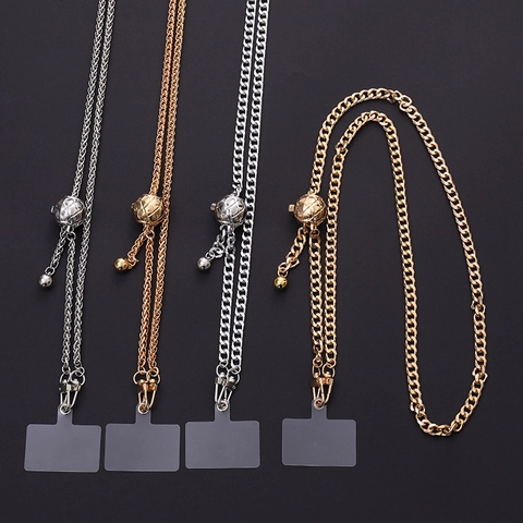 Adjustable Metal Crossbody Phone Lanyard Chain With Rhombus Ball Decoration Universal Attachment Tab Gold Silver Alloy Strap Women Fashion Tech Accessory