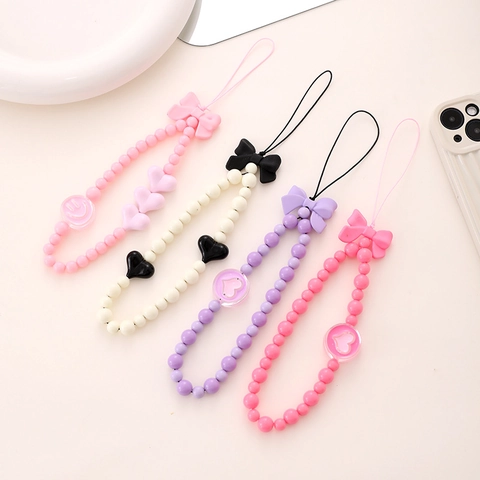 Cordoncino per Telefono in Perline Acriliche Dolce Fiocco Cuore Cinturino da Polso Catena Anti-Caduta per Donna Accessorio Decorativo