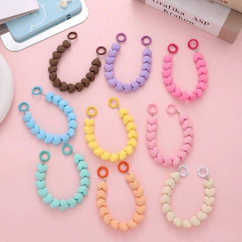 Heart Beaded Phone Chain Handheld Strap Plastic Handmade Colorful Matte Heart Phone Case Pendant Water Cup Hanging Chain For Women