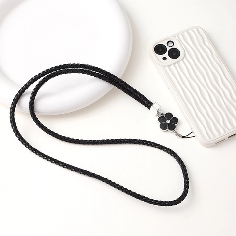 Woven PU Leather Phone Lanyard Camellia Flower Charm Rhinestone Anti-Drop Neck Strap For Women Smartphone Accessories