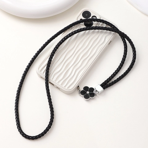 Woven PU Leather Phone Lanyard Camellia Flower Charm Rhinestone Anti-Drop Neck Strap For Women Smartphone Accessories