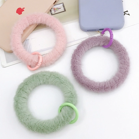 Women Plush Circular Phone Wrist Strap Silicone Ring Furry Phone Case Charm Keychain Anti-drop Mobile Phone Chain Pendant