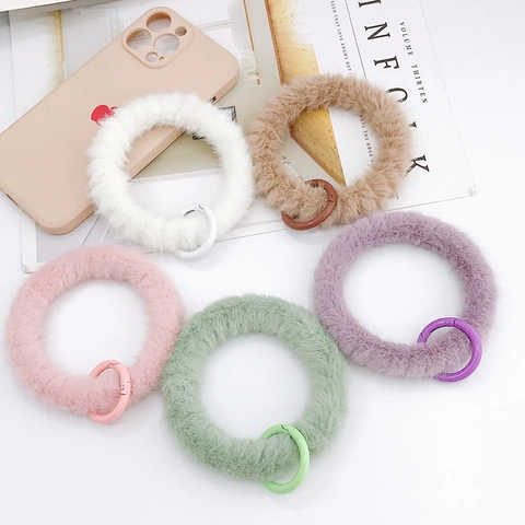 Women Plush Circular Phone Wrist Strap Silicone Ring Furry Phone Case Charm Keychain Anti-drop Mobile Phone Chain Pendant