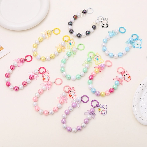 Cute Acrylic Beaded Bear Rabbit Phone Charm Bag Strap Gradient Color Bead Keychain Bow Decoration Women Girls Gift Accessory