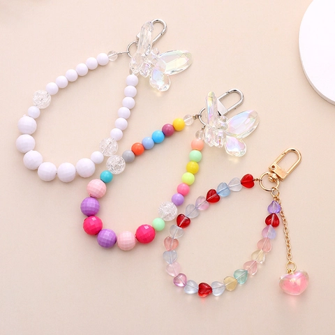 Portachiavi con Perline Fatto a Mano Con Pendente a Farfalla a Cuore Perline in Resina Cinturino per Cellulare Donna Accessorio