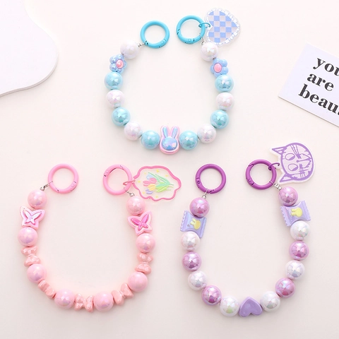 Sweet Mermaid Beaded Phone Strap Plastic Resin Bowknot Cartoon Charm Bag Hanging Chain Handheld Keychain Jewelry Gift Women