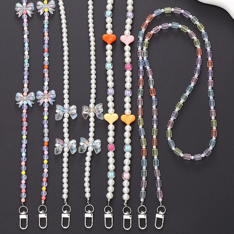 Cordón de Teléfono de Bandolera con Cuentas Hechas a Mano Perla Artificial Corazón Lazo Correa de Funda de Teléfono para Mujer