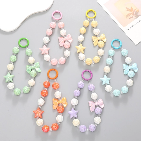 Handmade Beaded Phone Charm Lanyard Keychain With Bowknot And Star Resin Beads For Women Girls Bag Pendant Decorative Gift