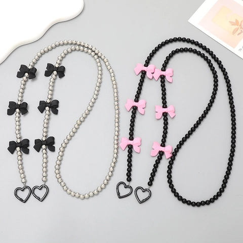 Fashion Beaded Bowknot Crossbody Phone Lanyard Chain Elegant Handmade Heart Clip Phone Strap Bag Decoration Jewelry For Women