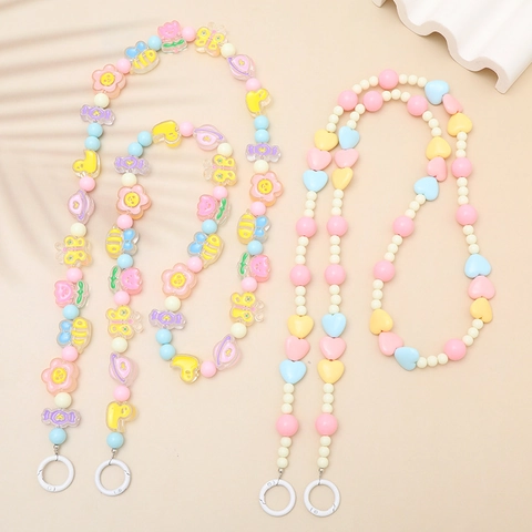 Colorful Acrylic Beaded Phone Lanyard Sweet Macaron Heart Bee Crossbody Mobile Phone Strap Anti-lost Chain For Women Jewelry