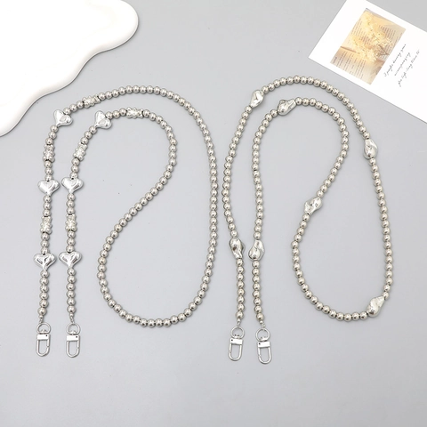 Silver Beaded Phone Chain Heart Bear Charms Crossbody Bag Strap Fashion Lanyard with Metal Lobster Clasps for Women