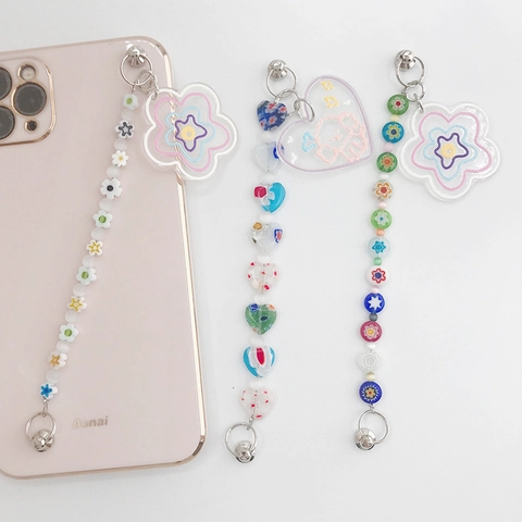 Acryl Blume Herz Katzenauge Perle Handy-Anhänger Handgefertigt Farbiges Glas Auge Armband Schlüsselband Für Damen Zubehör