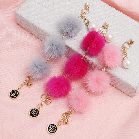 Winter Kunstpelz Nerzball Anhänger Für Tasche Charm DIY Schlüsselanhänger Zubehör Legierung Kamelie Blume Künstliche Perle Ornament