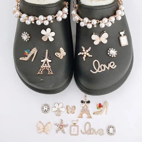 Amuletos para Zapatos de Aleación con Diamantes de Imitación para Clogs Flor Mariposa Torre Eiffel Accesorios DIY Perlas Artificiales