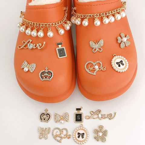DIY Shoe Charms Alloy Rhinestone Artificial Pearl Butterfly Heart Perfume Bottle Shoe Accessories For Clogs Sandals Decoration Women Girls