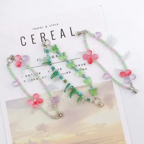 Cadena de Teléfono con Cuentas de Vidrio Soplado Hecha a Mano Amuleto Flor Mariposa Pulsera Doble Capa Accesorio Funda Mujer