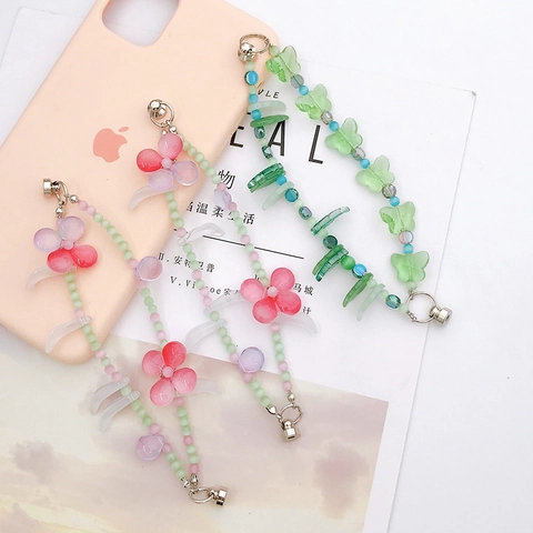 Cadena de Teléfono con Cuentas de Vidrio Soplado Hecha a Mano Amuleto Flor Mariposa Pulsera Doble Capa Accesorio Funda Mujer