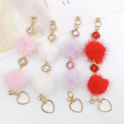 Fashion Artificial Fur Plush Ball Rhinestone Heart Phone Chain For Women DIY Phone Case Accessory Alloy Bag Charm Jewelry