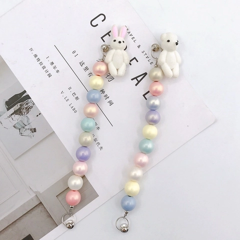 Catena per Telefono Fatta a Mano con Perle Iridescenti Macaron Simpatico Coniglio Orso Floccato DIY Accessori Girly