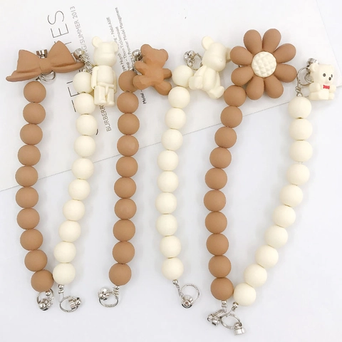 Frosted Acrylic Beaded Phone Strap With Cartoon Bear Daisy Bowknot Charm Anti-lost Mobile Phone Lanyard Bag Ornament For Women