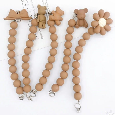 Frosted Acrylic Beaded Phone Strap With Cartoon Bear Daisy Bowknot Charm Anti-lost Mobile Phone Lanyard Bag Ornament For Women