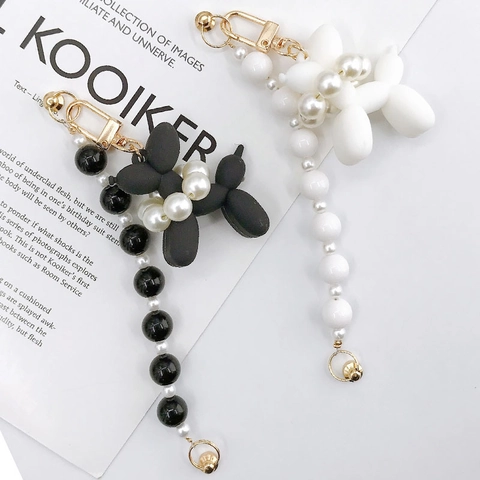 Balloon Dog Phone Strap Keychain With Artificial Pearl Beads Resin Cute Animal Bag Charm Accessory For Women Teens