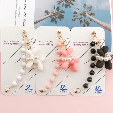 Balloon Dog Phone Strap Keychain With Artificial Pearl Beads Resin Cute Animal Bag Charm Accessory For Women Teens
