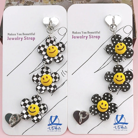 Trendig Lächelndes Gesicht Blumen Handyhänger Schachbrett Punktmuster Harz Kette Strap Mit Legierung Herz Verschluss Schmuck