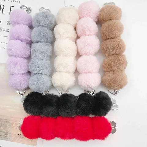 Plush Rex Rabbit Fur Pom Pom Phone Strap With Heart Clasp Cute Soft Bag Charm DIY Jewelry Accessories For Women Girls