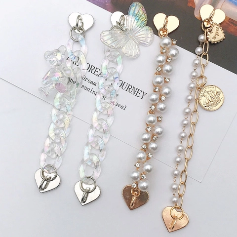 Accessori Fai-da-te per Custodia Telefono Catena Acrilica Chiusura a Cuore Pendente Orso Farfalla Bracciale Perle Artificiali Strass Donna