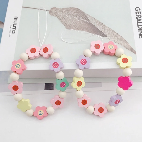 Macaron Colored Wooden Flower Beaded Phone Lanyard Anti-Lost Handmade Wood Bead Wrist Strap Phone Case Charm For Women Girls