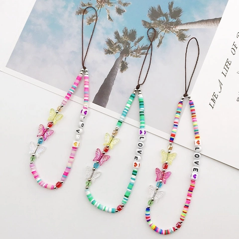 Handmade Polymer Clay Butterfly Phone Chain Colorful LOVE Letter Beaded Phone Lanyard Strap For Women Sweet Style Mobile Charm