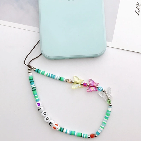 Handmade Polymer Clay Butterfly Phone Chain Colorful LOVE Letter Beaded Phone Lanyard Strap For Women Sweet Style Mobile Charm