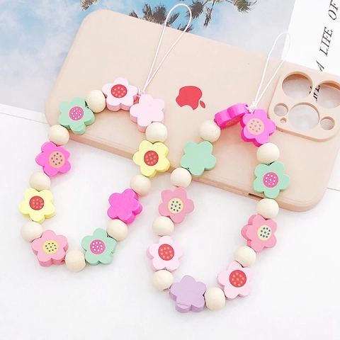 Macaron Colored Wooden Flower Beaded Phone Lanyard Anti-Lost Handmade Wood Bead Wrist Strap Phone Case Charm For Women Girls