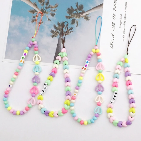 Handmade Macaron Beaded Phone Lanyard Anti-Fall Acrylic Heart Rabbit Ear Style Phone Chain Strap For Women Girl Accessory