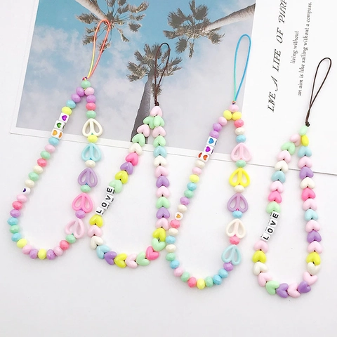 Handmade Macaron Beaded Phone Lanyard Anti-Fall Acrylic Heart Rabbit Ear Style Phone Chain Strap For Women Girl Accessory