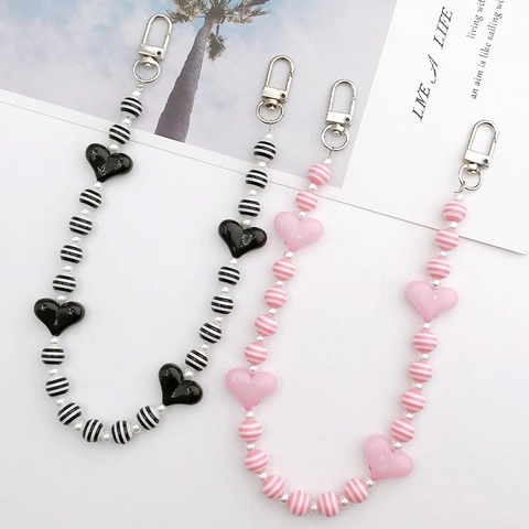 Colgante para Bolso de Cuentas de Acrílico Hecho a Mano Correa para Teléfono con Cuentas Rayadas de Resina Forma de Corazón Mujer Accesorio Moda