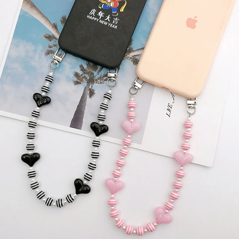 Colgante para Bolso de Cuentas de Acrílico Hecho a Mano Correa para Teléfono con Cuentas Rayadas de Resina Forma de Corazón Mujer Accesorio Moda