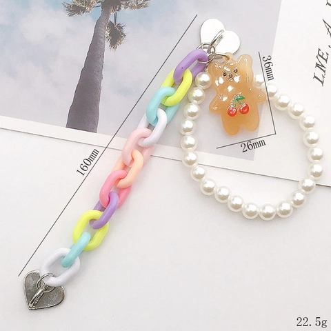 Acrylic Chain Phone Charm Artificial Pearl Bear Pendant Sweet Macaron Color Bag Accessory Handbeaded Heart Buckle Keychain