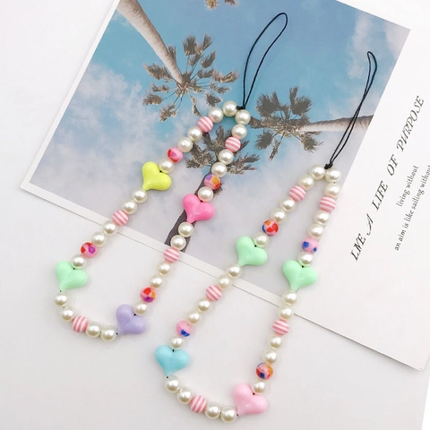 Handmade Beaded Heart Phone Chain Colorful Resin Pearl Lanyard For Women Girl Sweet Phone Case Anti-lost Jewelry Strap