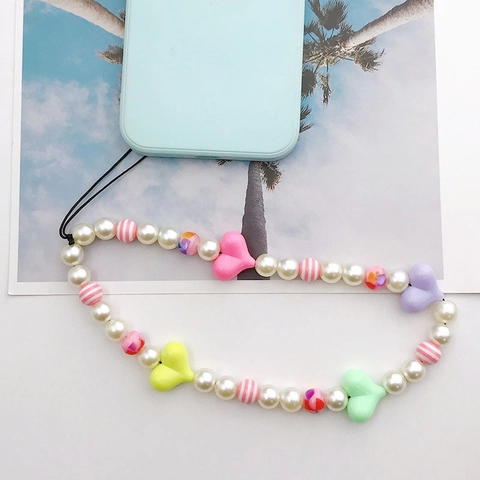Handmade Beaded Heart Phone Chain Colorful Resin Pearl Lanyard For Women Girl Sweet Phone Case Anti-lost Jewelry Strap