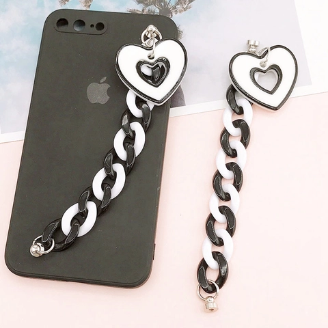 Minimalist Black And White Acrylic Heart Phone Chain Strap Fashion DIY Acrylic Link Chain Phone Case Keychain For Women